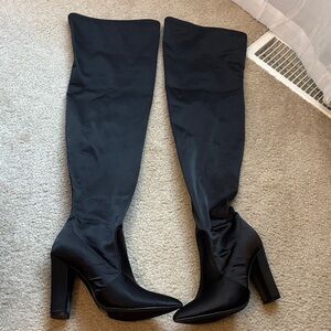 Above knee black satin boots. Size 7.5. Fit like 7.